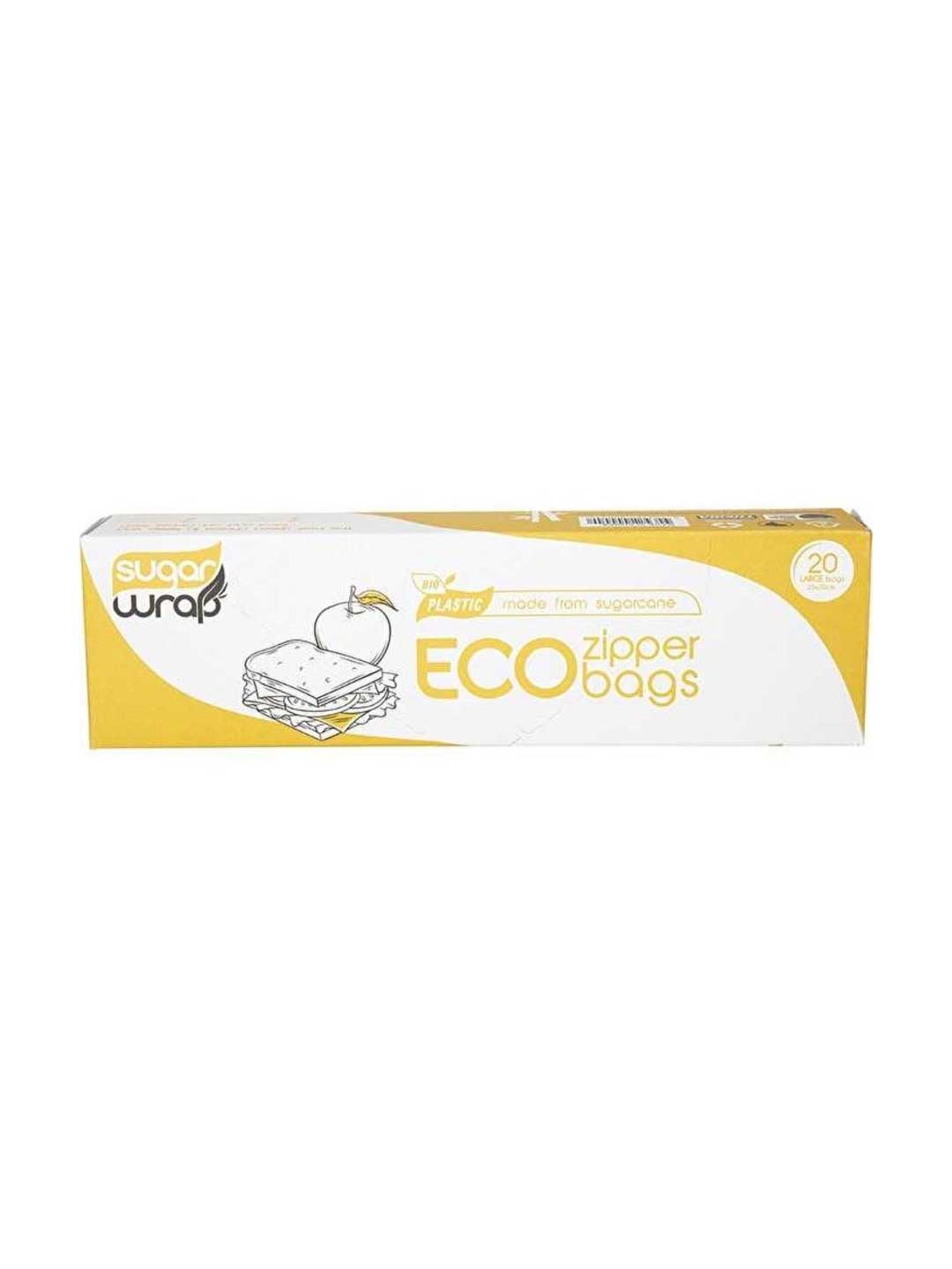 A yellow and white box of SugarWrap Eco Zipper Sandwich Sugarcane Bags - Large 20pk, made from plastic-free sugarcane BIO-PE, with a sandwich and apple illustration, contains 20 resealable food storage bags.