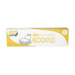 A yellow and white box of SugarWrap Eco Zipper Sandwich Sugarcane Bags - Large 20pk, made from plastic-free sugarcane BIO-PE, with a sandwich and apple illustration, contains 20 resealable food storage bags.