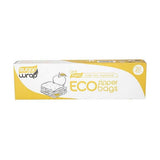 A yellow and white box of SugarWrap Eco Zipper Sandwich Sugarcane Bags - Large 20pk, made from plastic-free sugarcane BIO-PE, with a sandwich and apple illustration, contains 20 resealable food storage bags.