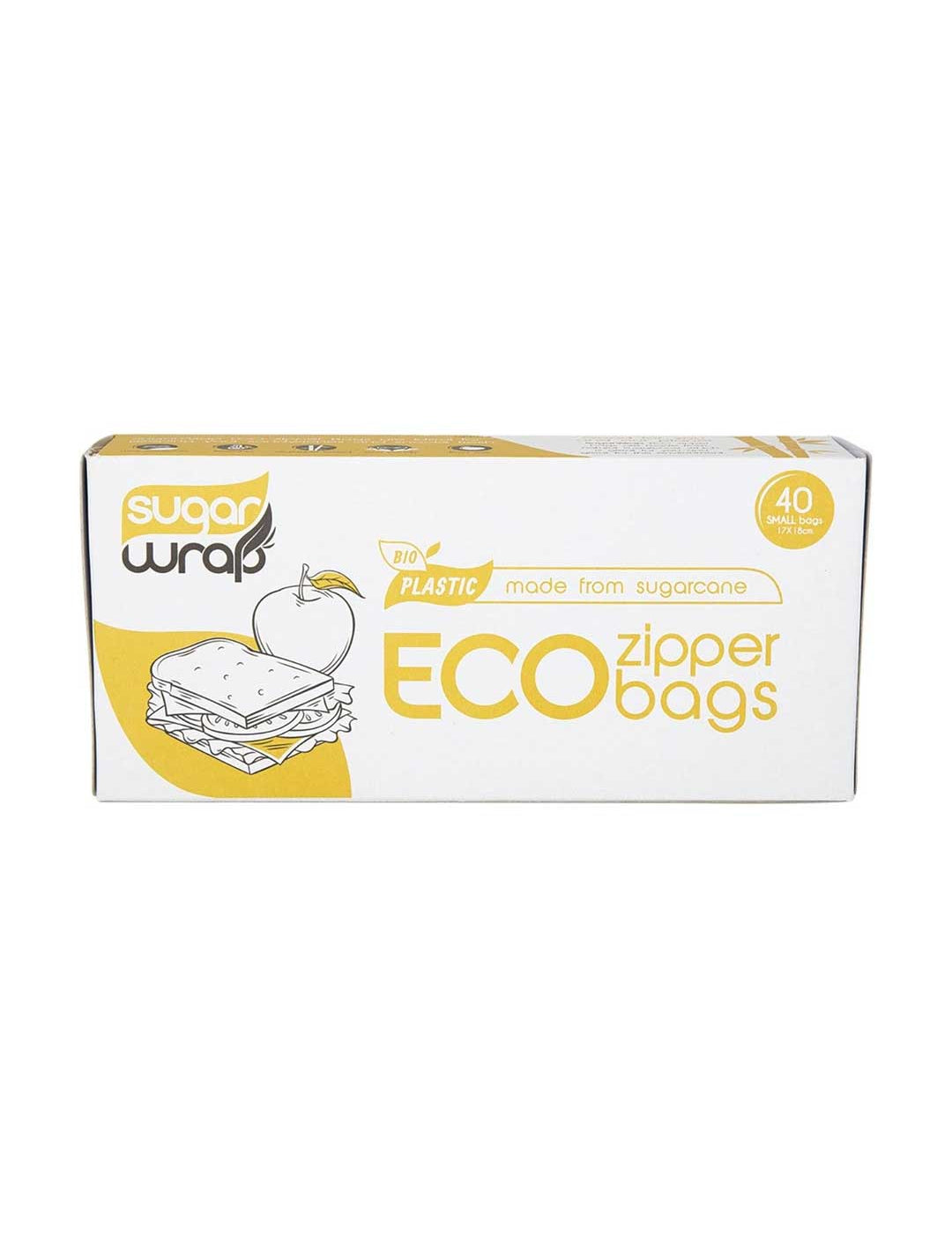 SugarWrap Eco Zipper Sandwich Sugarcane Bags - Small 40pk come in white and yellow packaging with a sandwich illustration, containing 40 resealable food storage bags made from sugarcane BIO-PE.