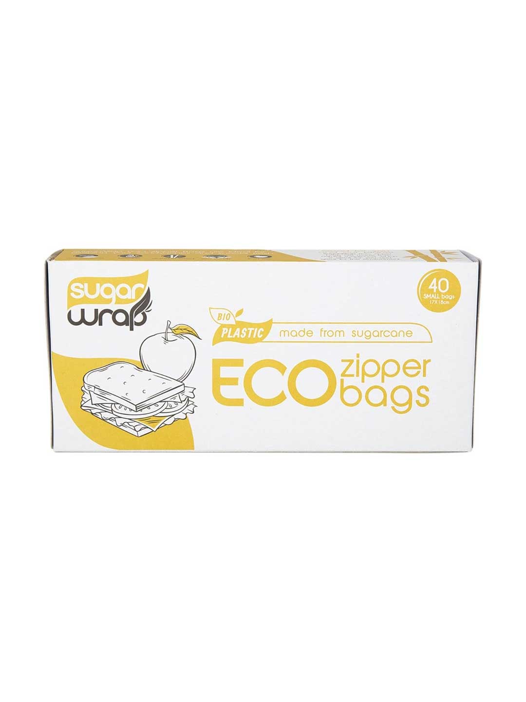 SugarWrap Eco Zipper Sandwich Sugarcane Bags - Small 40pk come in white and yellow packaging with a sandwich illustration, containing 40 resealable food storage bags made from sugarcane BIO-PE.