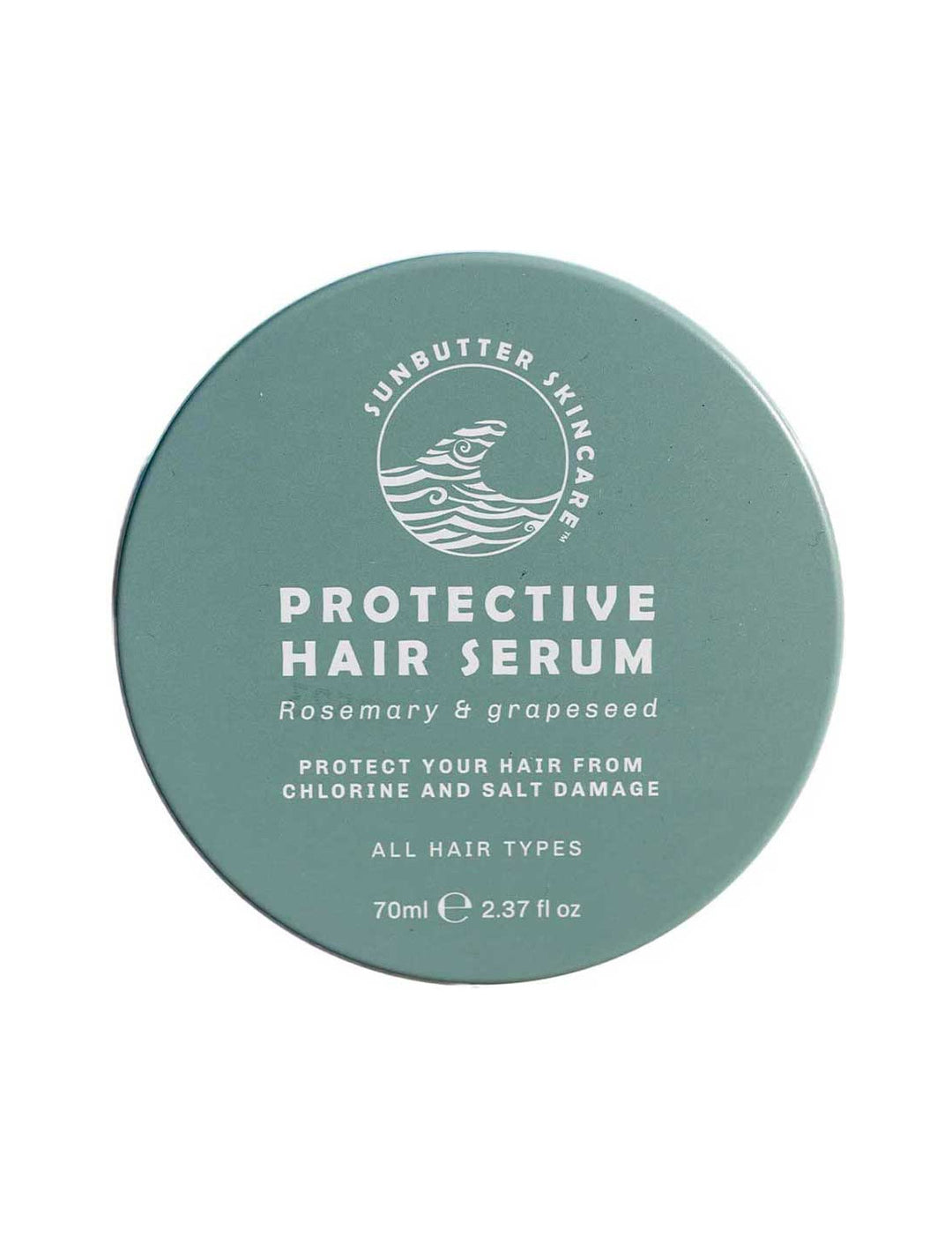 SunButter Protective Hair Serum 70ml closed round tin on a white background
