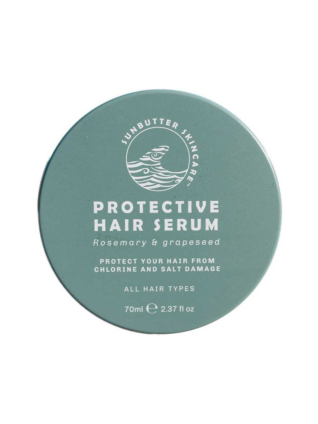 SunButter Protective Hair Serum 70ml closed round tin on a white background