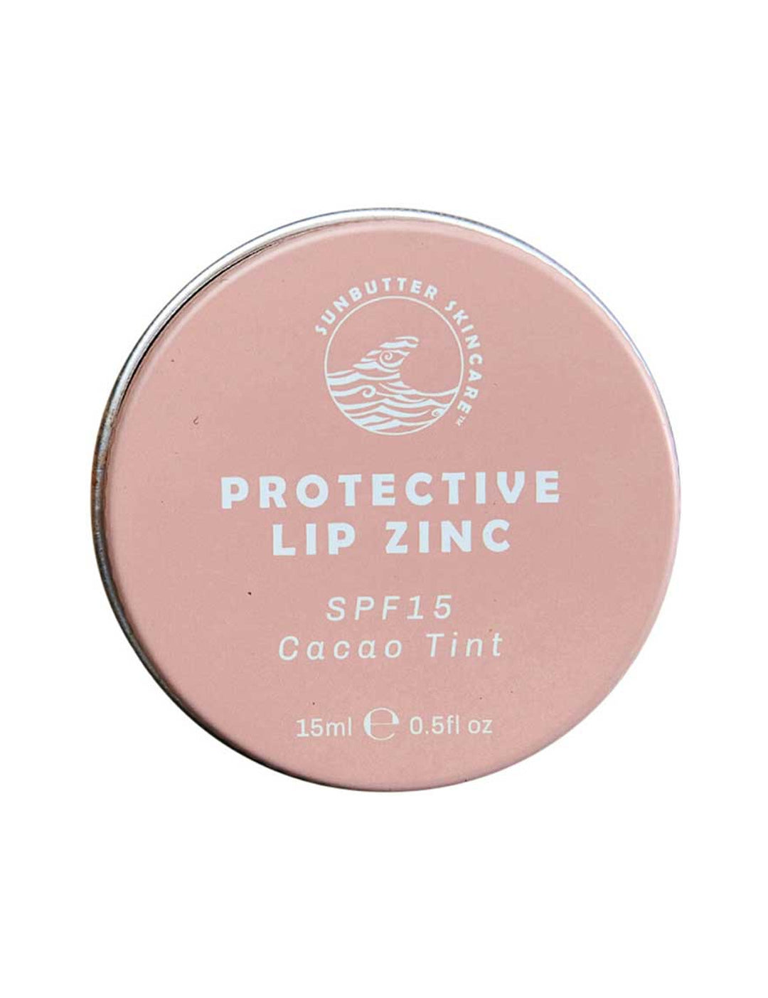 SunButter Protective Lip Zinc SPF15 Cacao Tint 15ml closed tin on a white background
