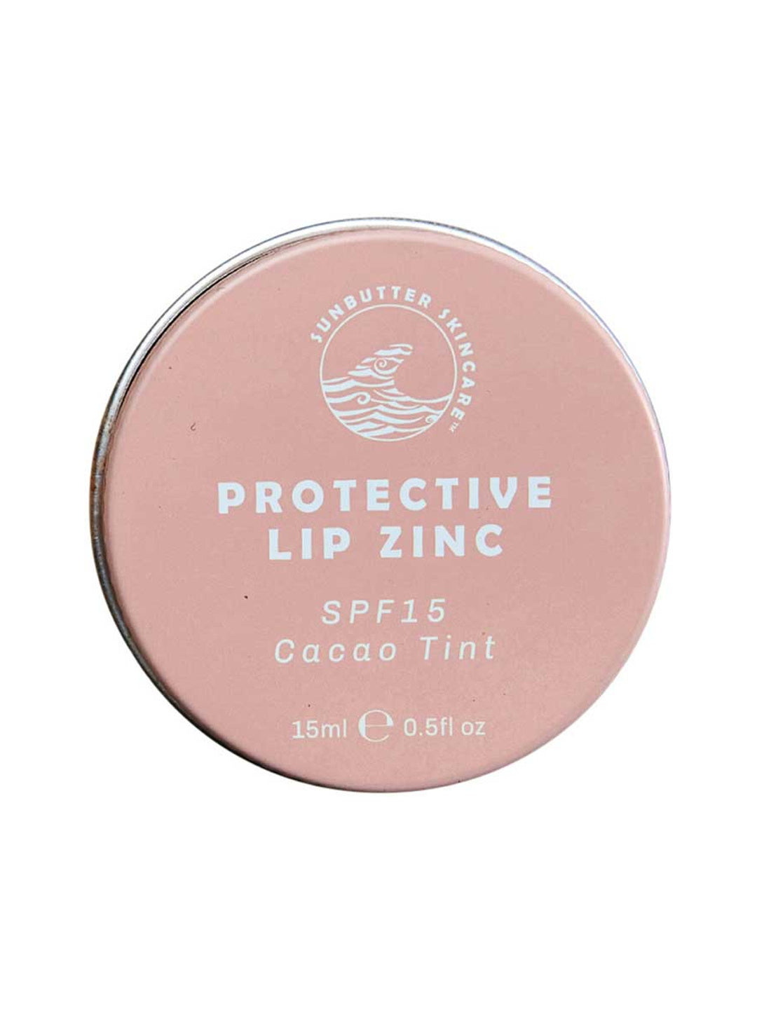 SunButter Protective Lip Zinc SPF15 Cacao Tint 15ml closed tin on a white background