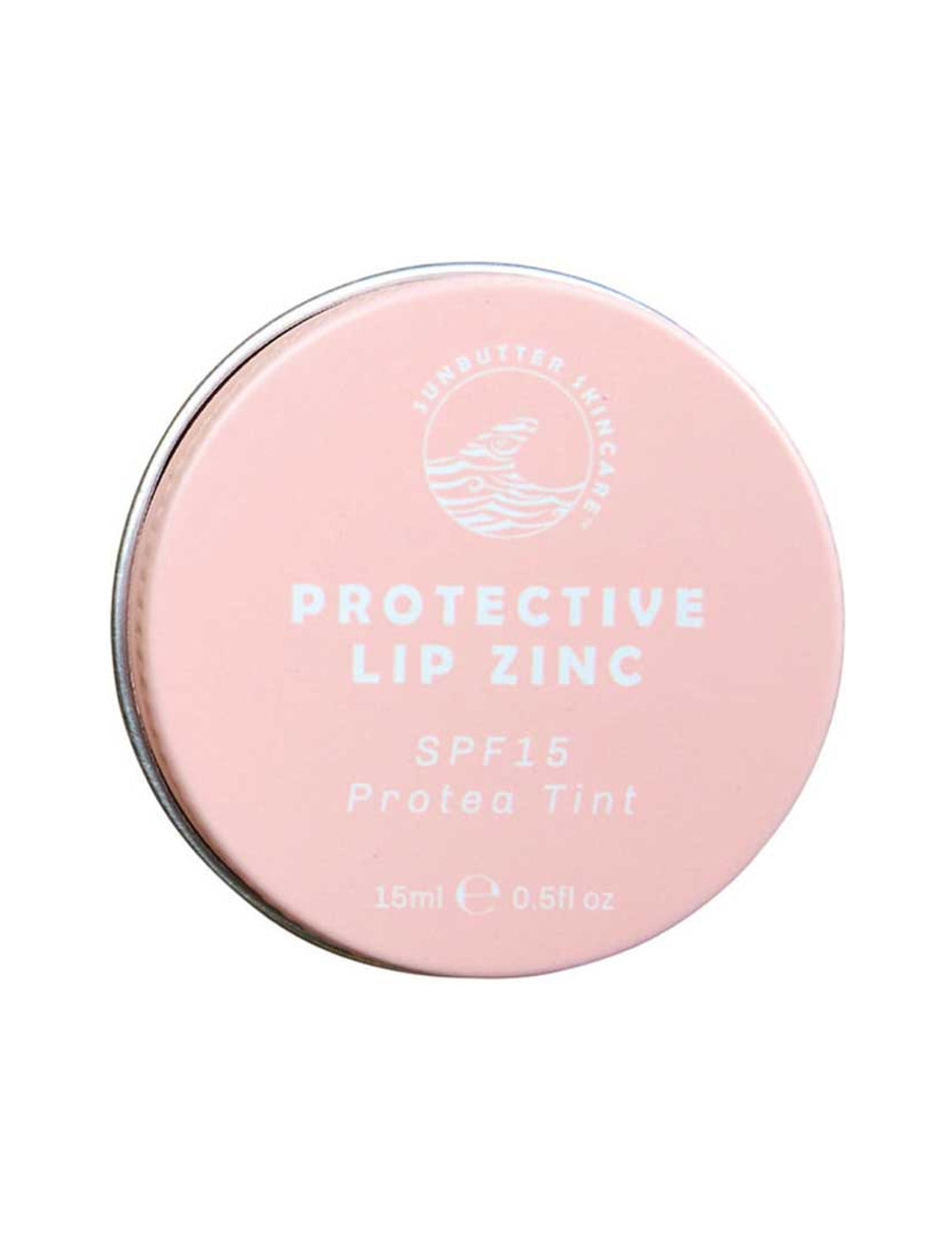 SunButter Protective Lip Zinc SPF15 Protea Tint 15ml closed tin on a white background