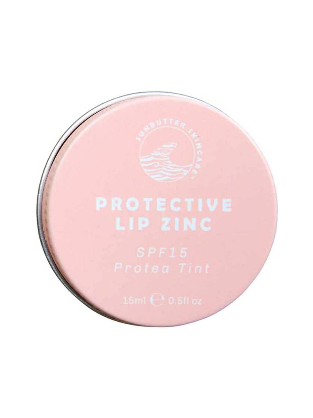 SunButter Protective Lip Zinc SPF15 Protea Tint 15ml closed tin on a white background