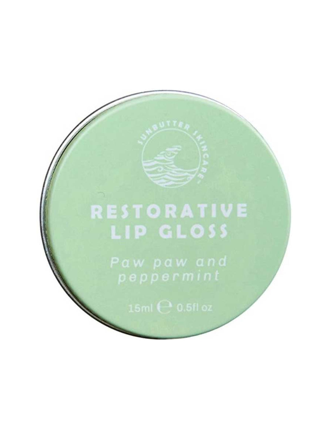 SunButter Restorative Lip Gloss 15ml closed round tin on a white background