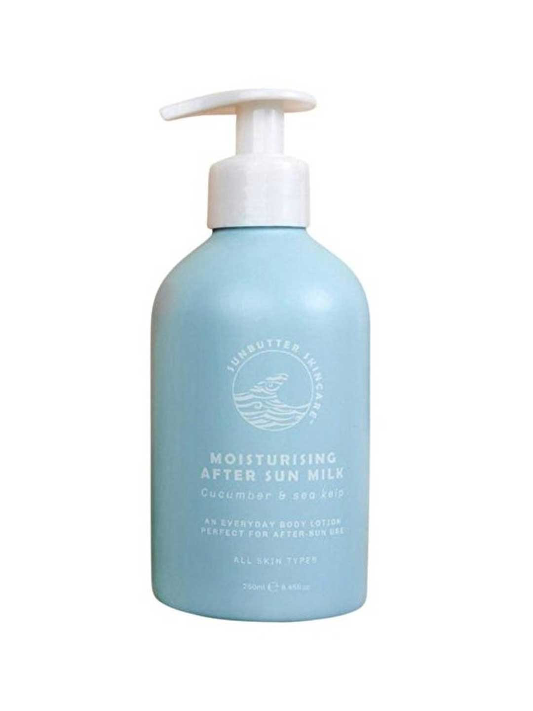A light blue pump bottle of SunButter Skincare Moisturising After Sun Milk 250ml with cucumber, Aloe Vera, and sea kelp, suitable for all skin types.