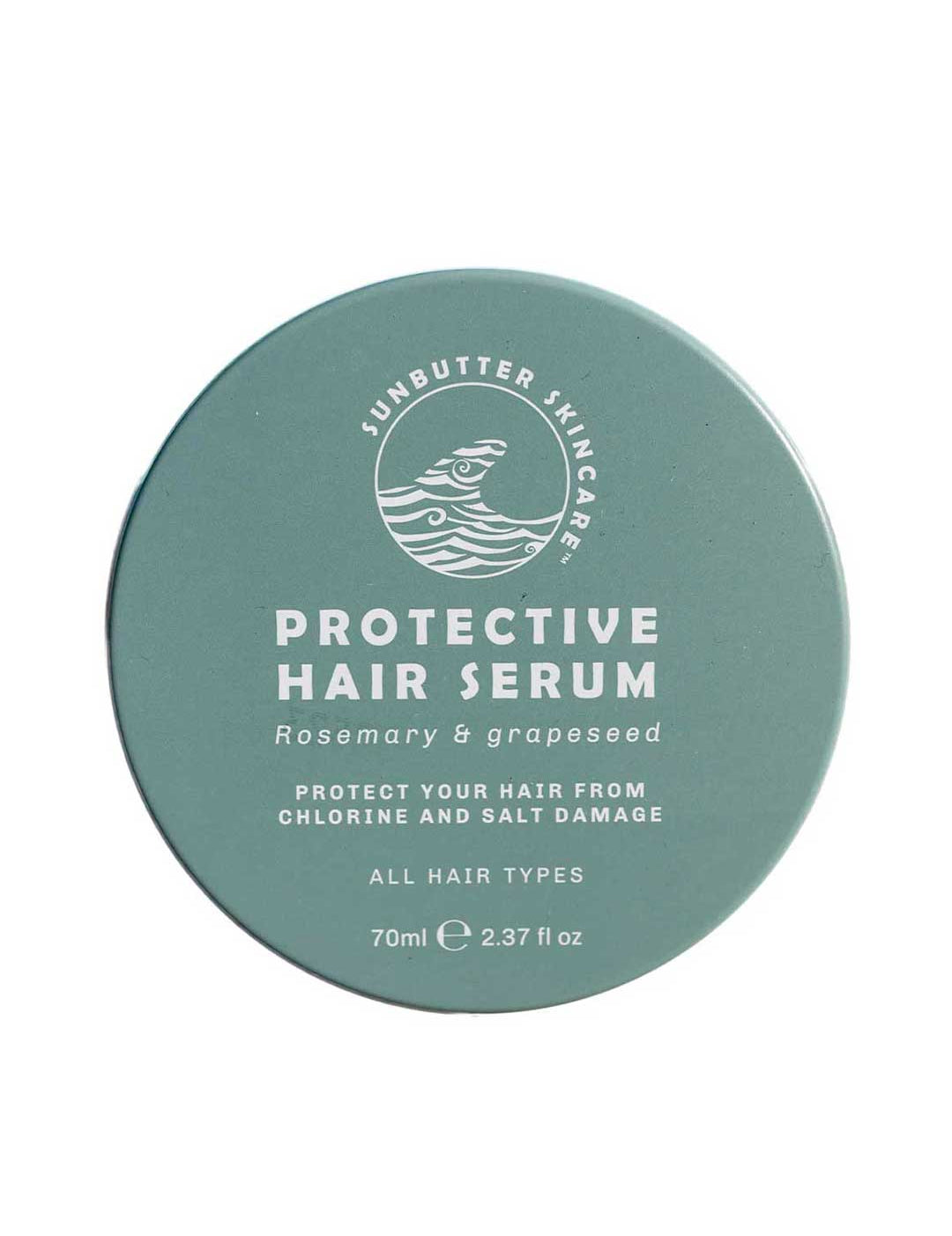 A round teal container of SunButter Skincare Protective Hair Serum 70ml for all hair types, with rosemary oil and grapeseed, shields hair from chlorine and salt damage.
