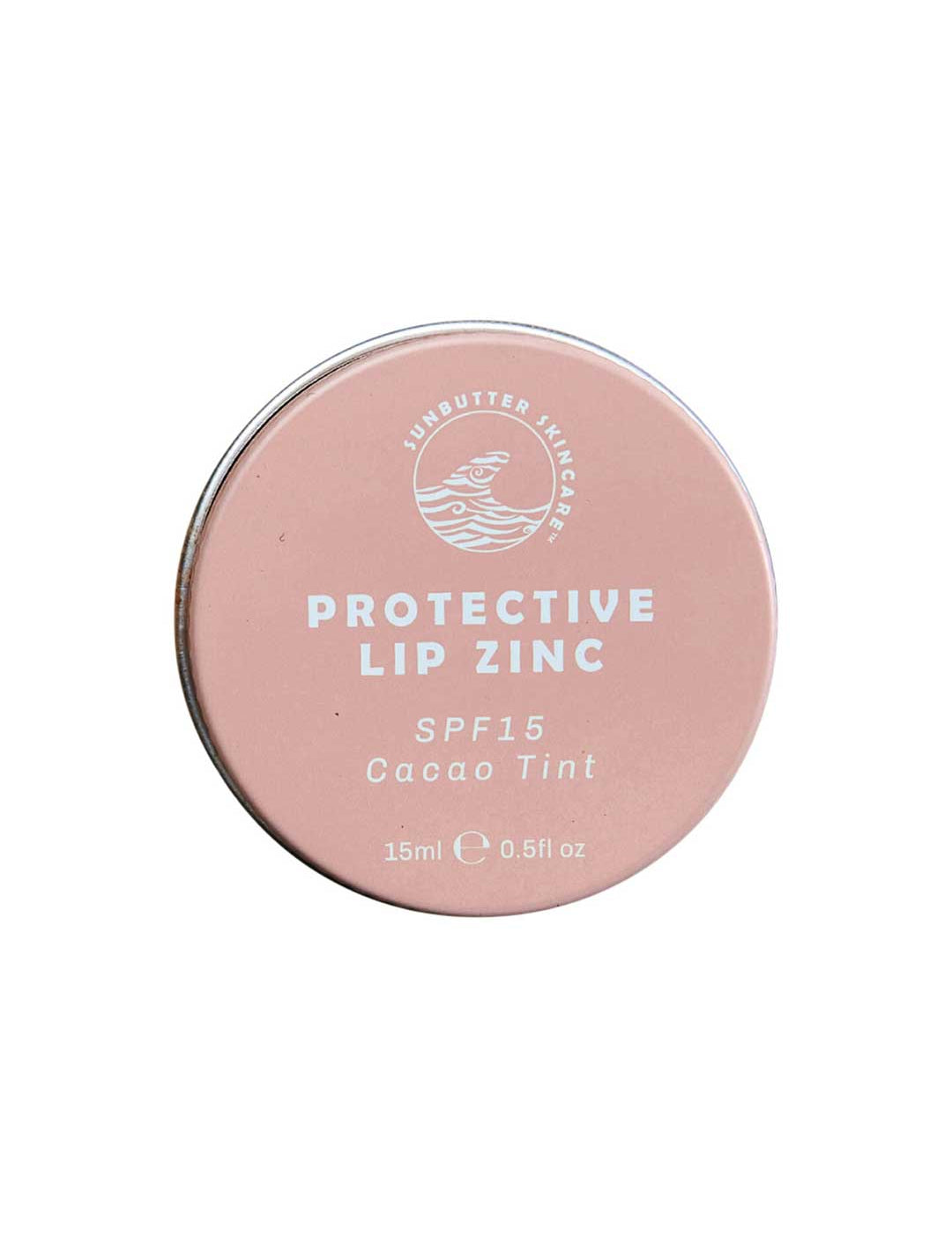 A round tin with a pink label reading "SunButter Skincare SPF15 Protective Lip Zinc - Cacao Tint 15ml" holds zinc oxide lip balm with a natural cacao tint and features a wave logo on top.
