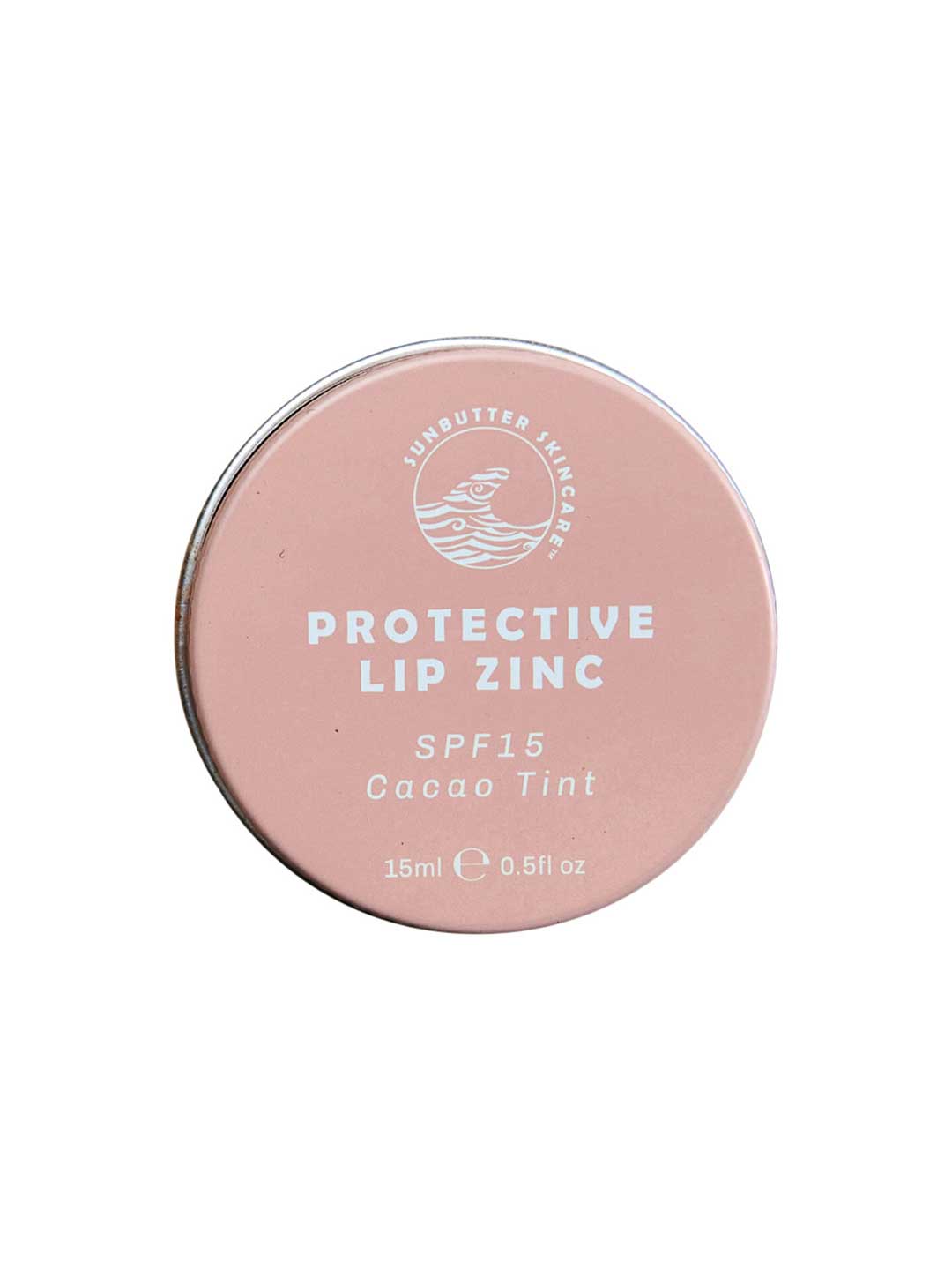 A round tin with a pink label reading "SunButter Skincare SPF15 Protective Lip Zinc - Cacao Tint 15ml" holds zinc oxide lip balm with a natural cacao tint and features a wave logo on top.