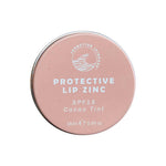 A round tin with a pink label reading "SunButter Skincare SPF15 Protective Lip Zinc - Cacao Tint 15ml" holds zinc oxide lip balm with a natural cacao tint and features a wave logo on top.