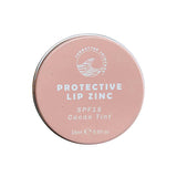 A round tin with a pink label reading "SunButter Skincare SPF15 Protective Lip Zinc - Cacao Tint 15ml" holds zinc oxide lip balm with a natural cacao tint and features a wave logo on top.