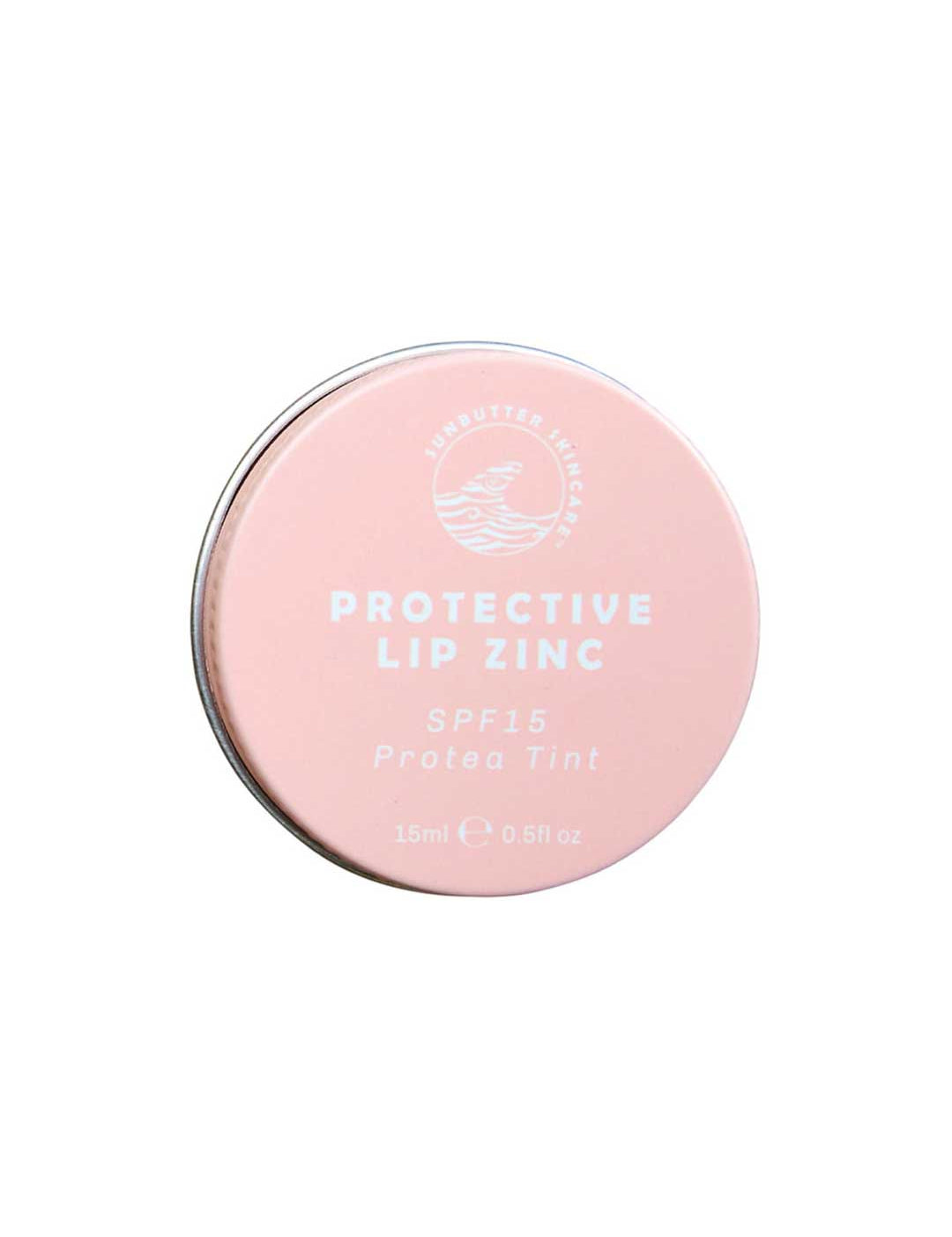 A round, pink tin labeled SunButter Skincare SPF15 Protective Lip Zinc - Protea Tint 15ml features a white logo and text. This 15ml reef-safe lip balm offers SPF15 zinc oxide protection with a natural rosy tint.