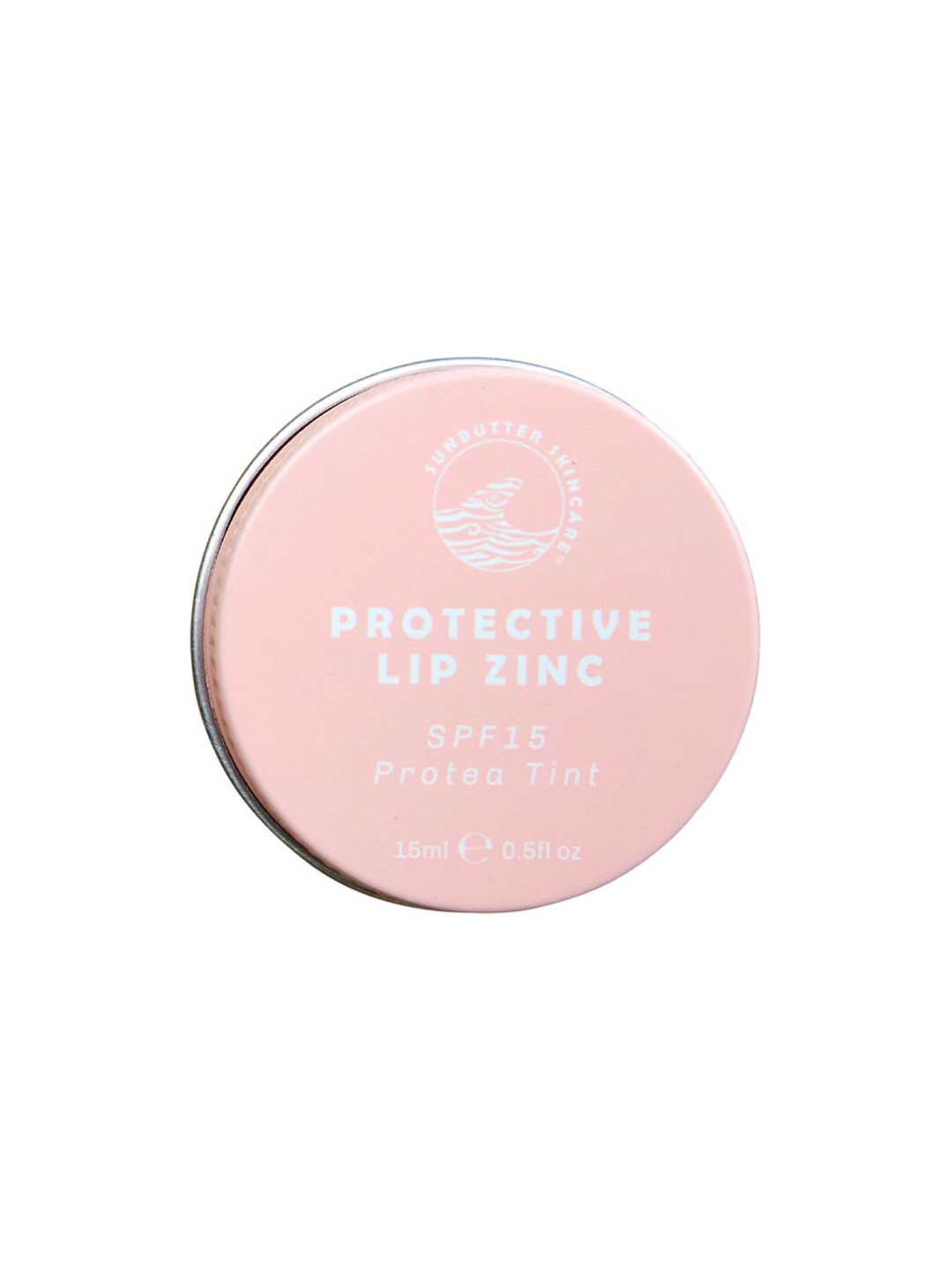 A round, pink tin labeled SunButter Skincare SPF15 Protective Lip Zinc - Protea Tint 15ml features a white logo and text. This 15ml reef-safe lip balm offers SPF15 zinc oxide protection with a natural rosy tint.