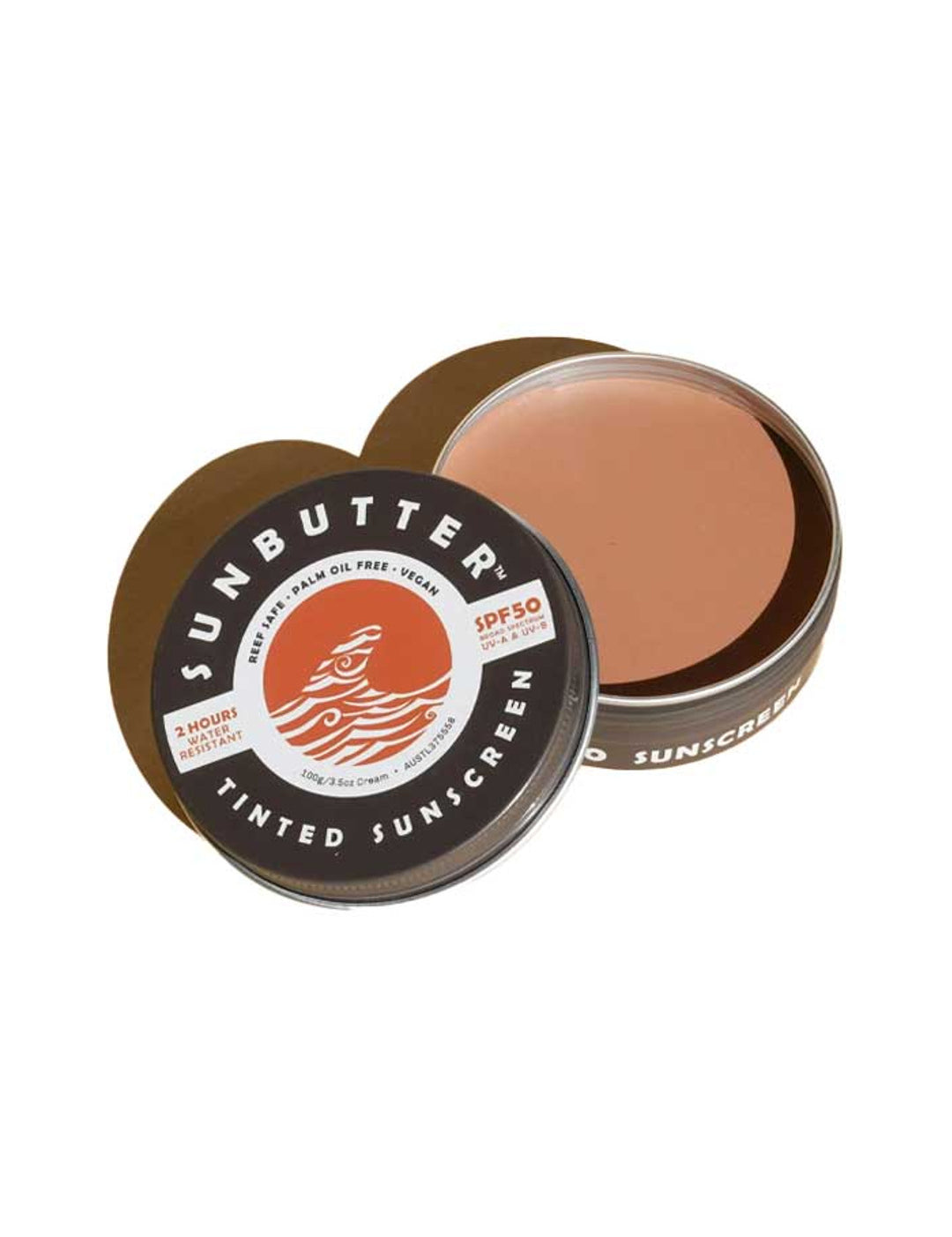 SunButter Tinted Sunscreen SPF50 open tin on a white background