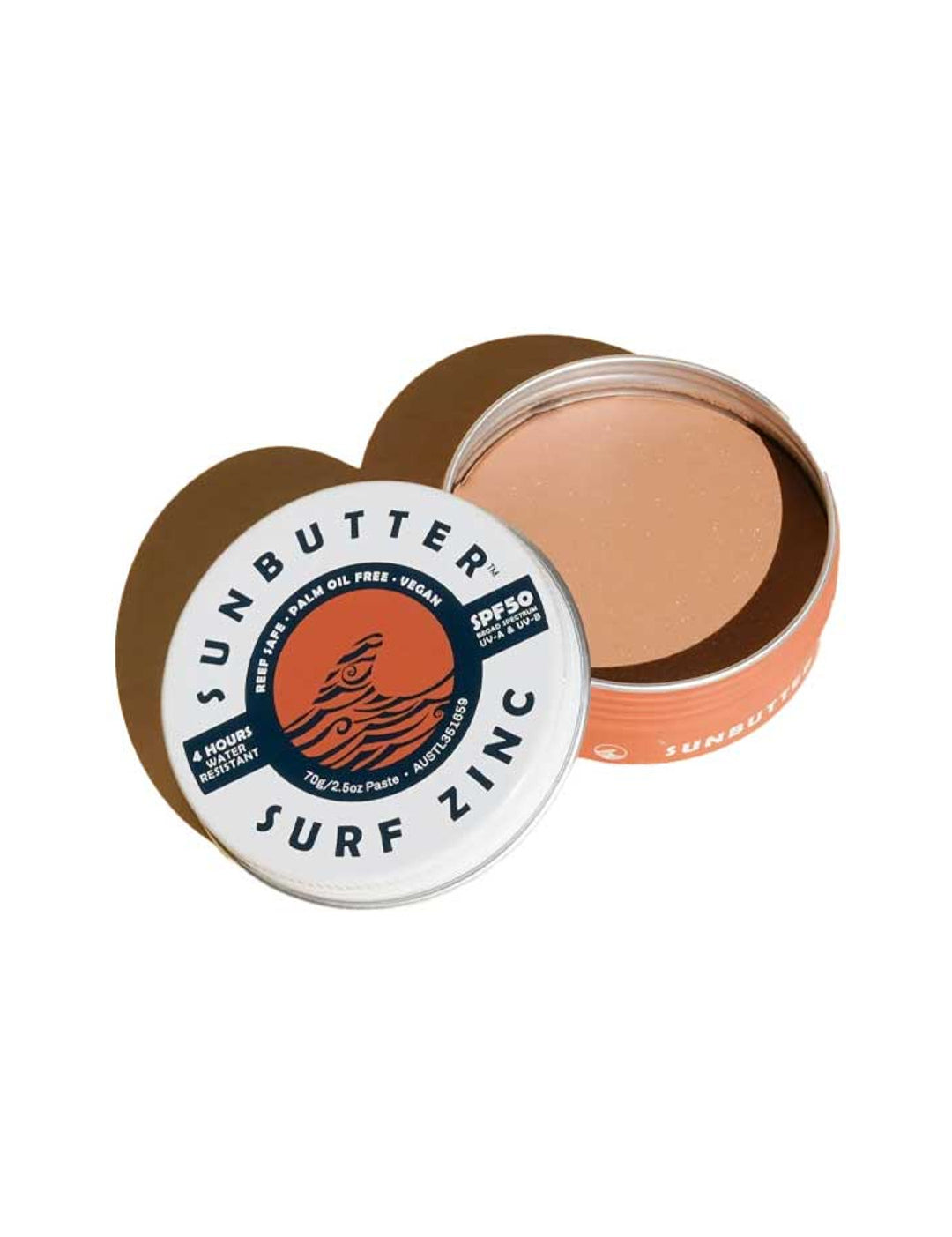 SunButter Vegan Surf Zinc SPF50 open tin on a white background