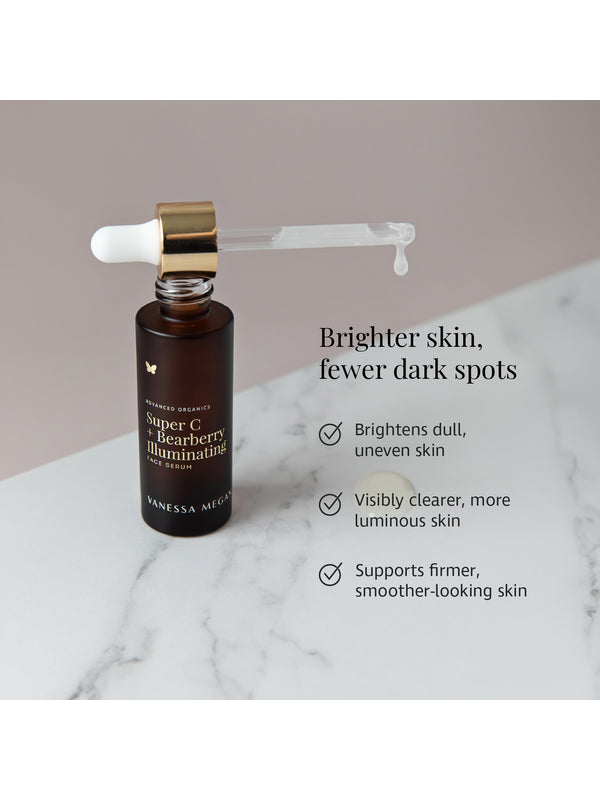 Brighter skin benefits panel for Vanessa Megan Super C and Bearberry Serum