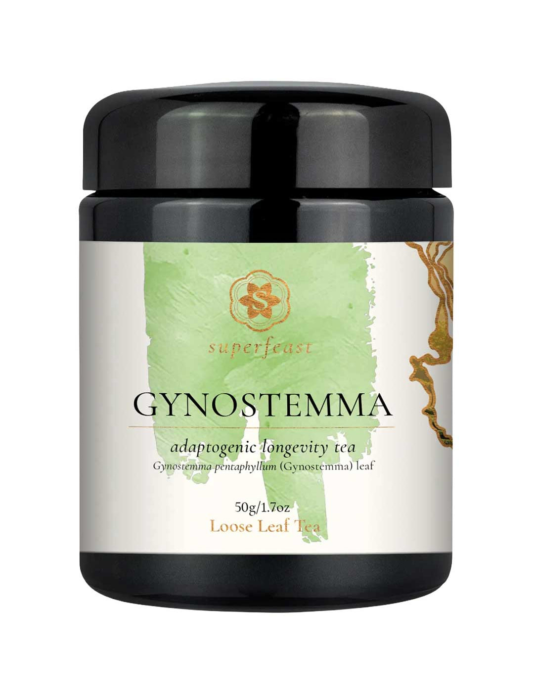 A black plastic jar of Superfeast Gynostemma adaptogenic longevity tea, featuring a white label with a light green watercolor design and gold accents.