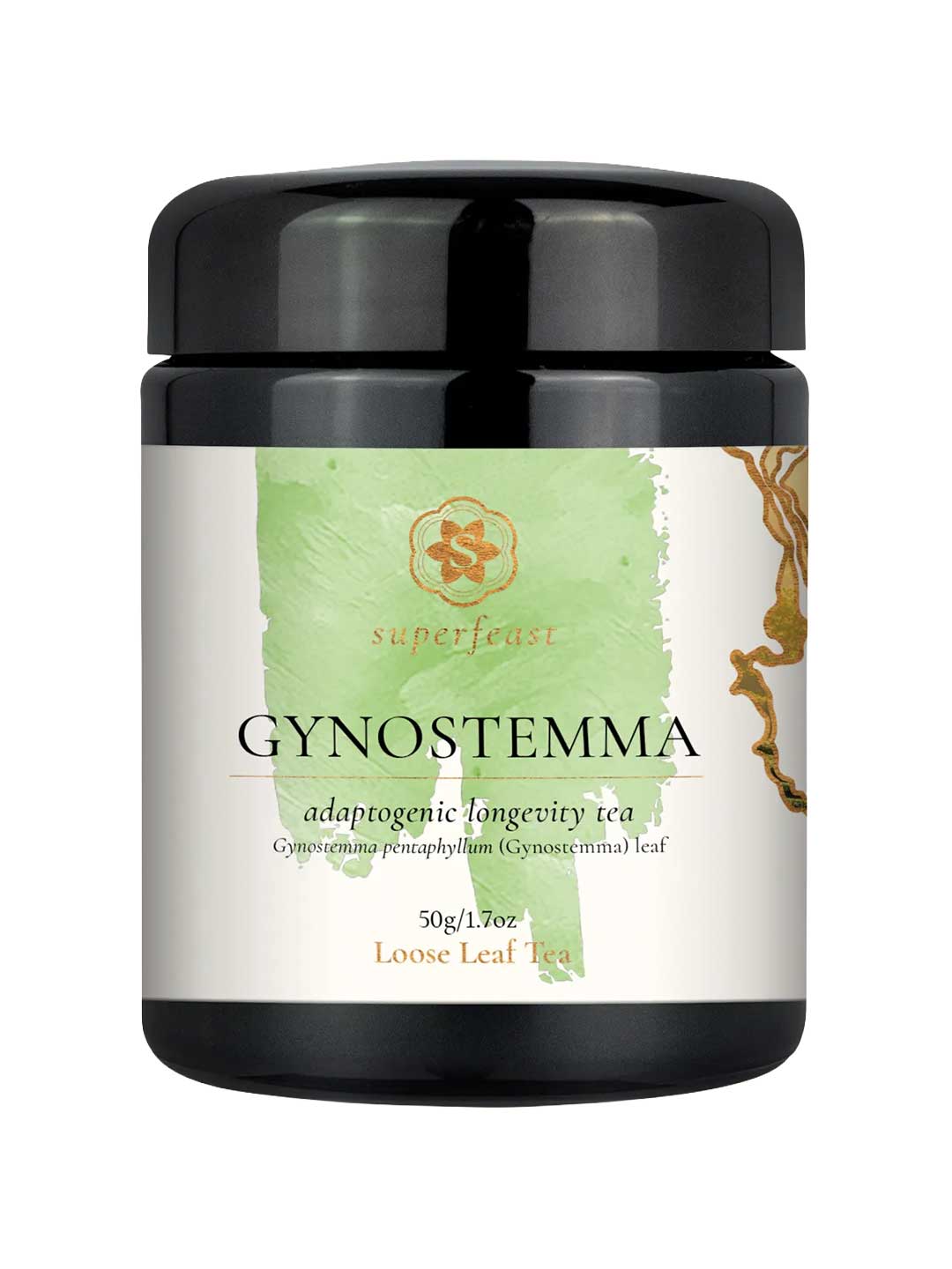 A black plastic jar of Superfeast Gynostemma adaptogenic longevity tea, featuring a white label with a light green watercolor design and gold accents.