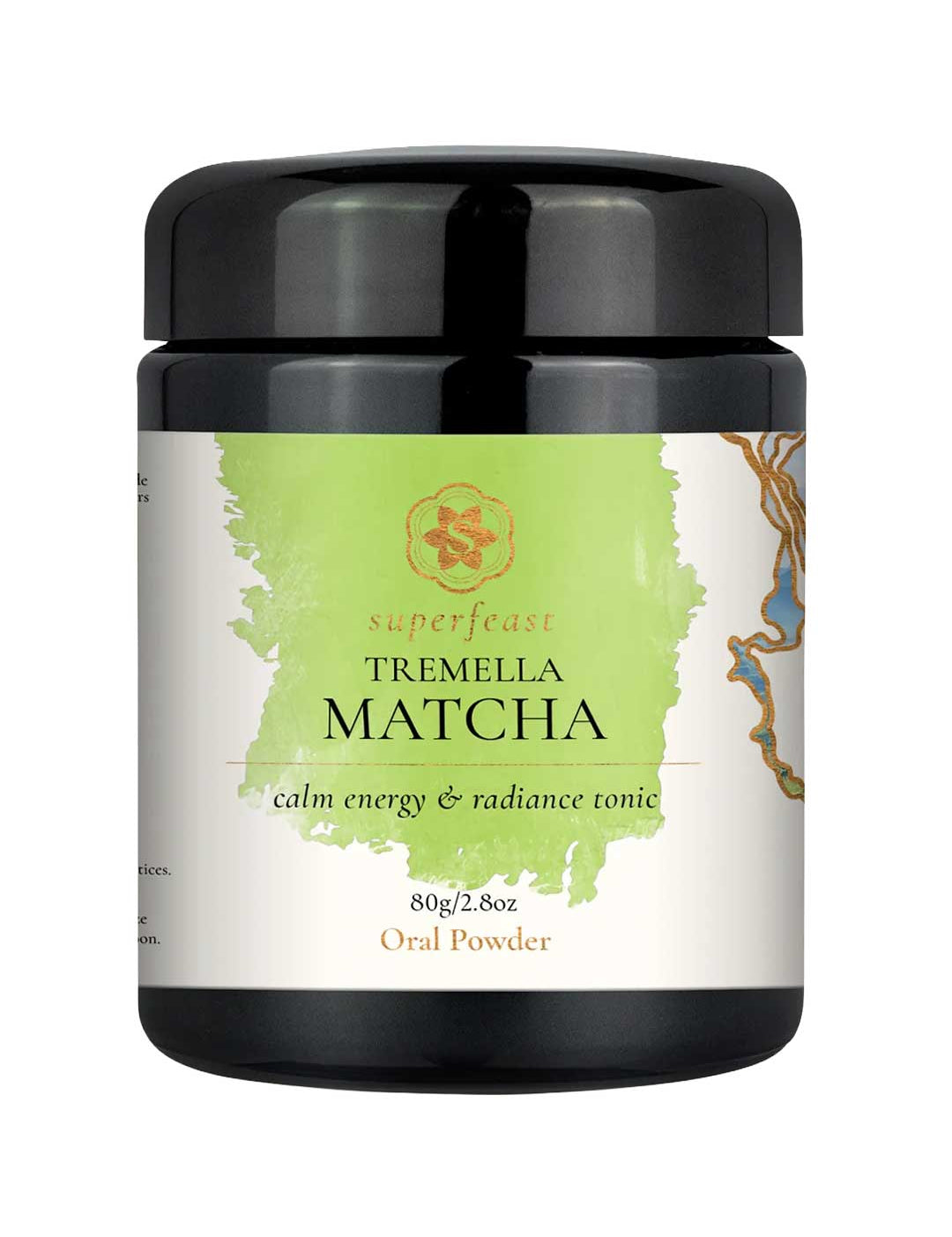 A black plastic jar of Superfeast Tremella Matcha oral powder with a white and light green label, shown on a plain white background.
