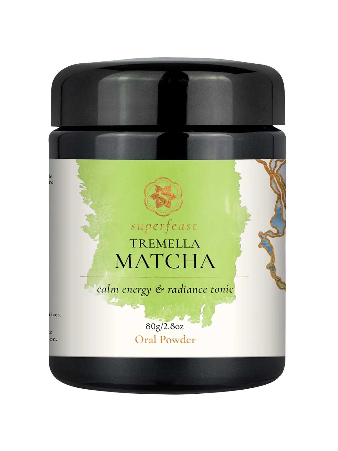 A black plastic jar of Superfeast Tremella Matcha oral powder with a white and light green label, shown on a plain white background.