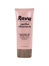 The Raww Hydrating Cream Cleanser 100ml comes in a pink tube with a brown cap and features wildberry harvest, apricot kernel oil, and avocado oil. This natural cleanser hydrates dry skin.