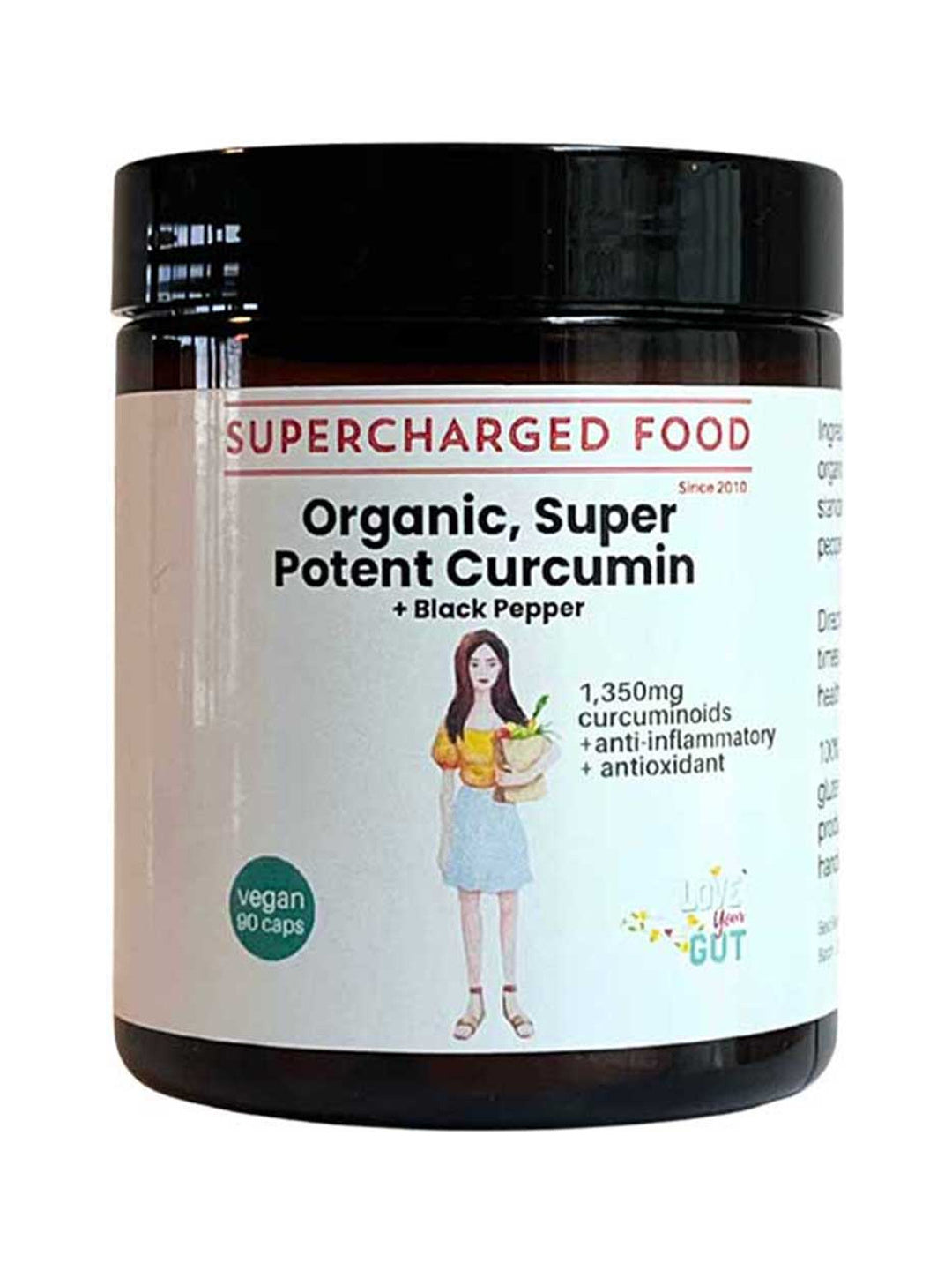 Supercharged Food Curcumin and Black Pepper 90 capsule tub on a white background