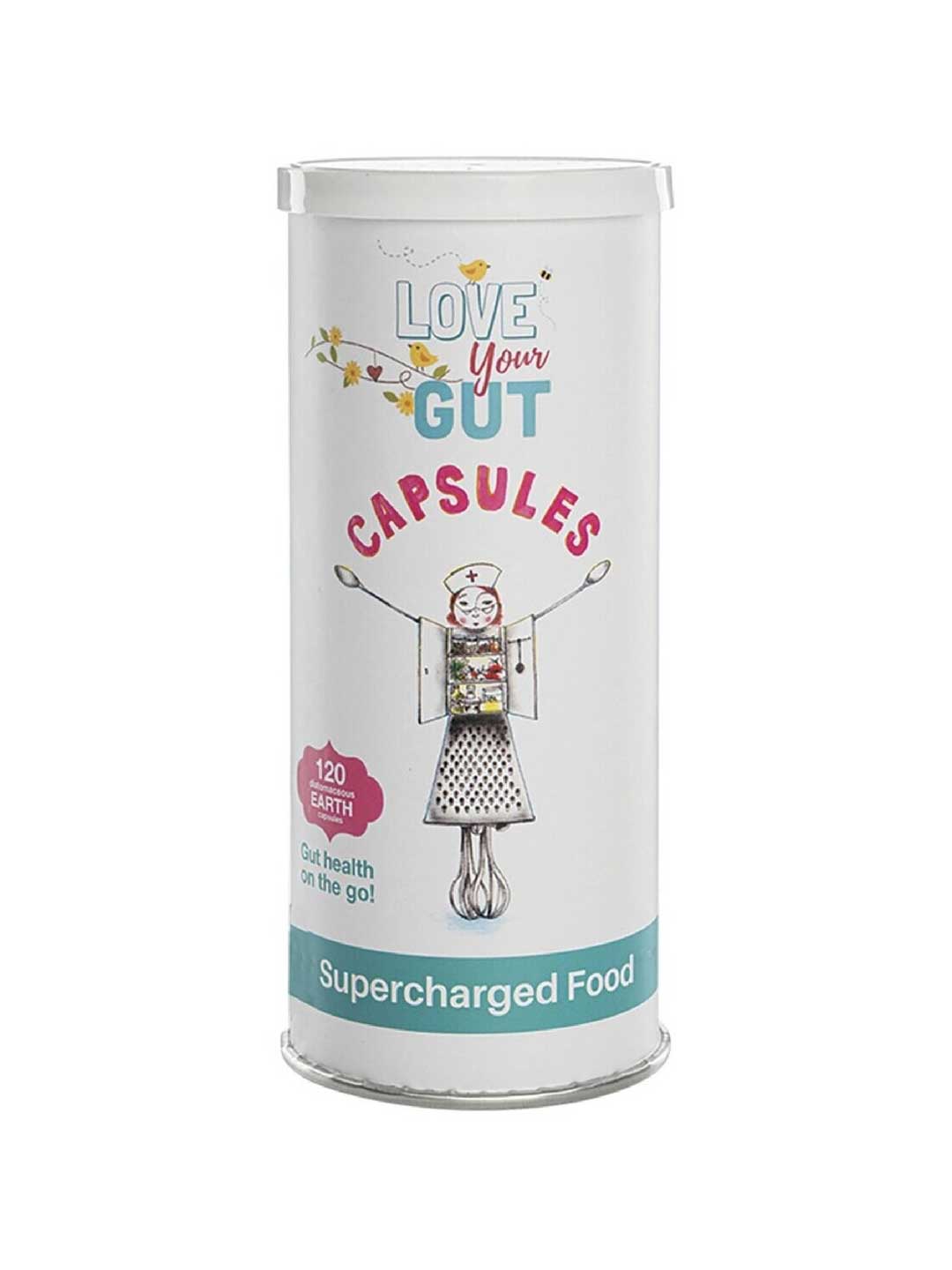 A cylindrical container labeled Supercharged Food Love Your Gut Capsules 120 caps features colorful text, a smiling figure made of kitchen utensils, and the phrase "Supercharged Food" at the bottom to support digestive wellness.