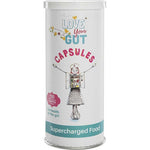 A cylindrical container labeled Supercharged Food Love Your Gut Capsules 120 caps features colorful text, a smiling figure made of kitchen utensils, and the phrase "Supercharged Food" at the bottom to support digestive wellness.