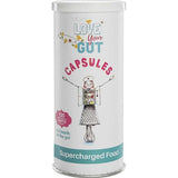 A cylindrical container labeled Supercharged Food Love Your Gut Capsules 120 caps features colorful text, a smiling figure made of kitchen utensils, and the phrase "Supercharged Food" at the bottom to support digestive wellness.