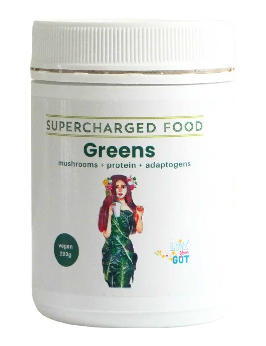 Supercharged Food Love Your Gut Greens powder 200g tub on a white background