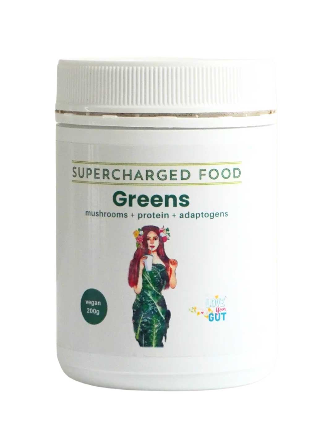 Supercharged Food Love Your Gut Greens Gut Loving Powder 200g is a white container featuring a woman in a green dress with a cup. This vegan blend includes mushrooms, protein, adaptogens, and supports gut health.