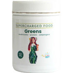 Supercharged Food Love Your Gut Greens Gut Loving Powder 200g is a white container featuring a woman in a green dress with a cup. This vegan blend includes mushrooms, protein, adaptogens, and supports gut health.