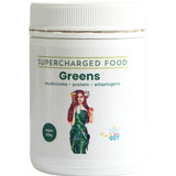 Supercharged Food Love Your Gut Greens Gut Loving Powder 200g is a white container featuring a woman in a green dress with a cup. This vegan blend includes mushrooms, protein, adaptogens, and supports gut health.
