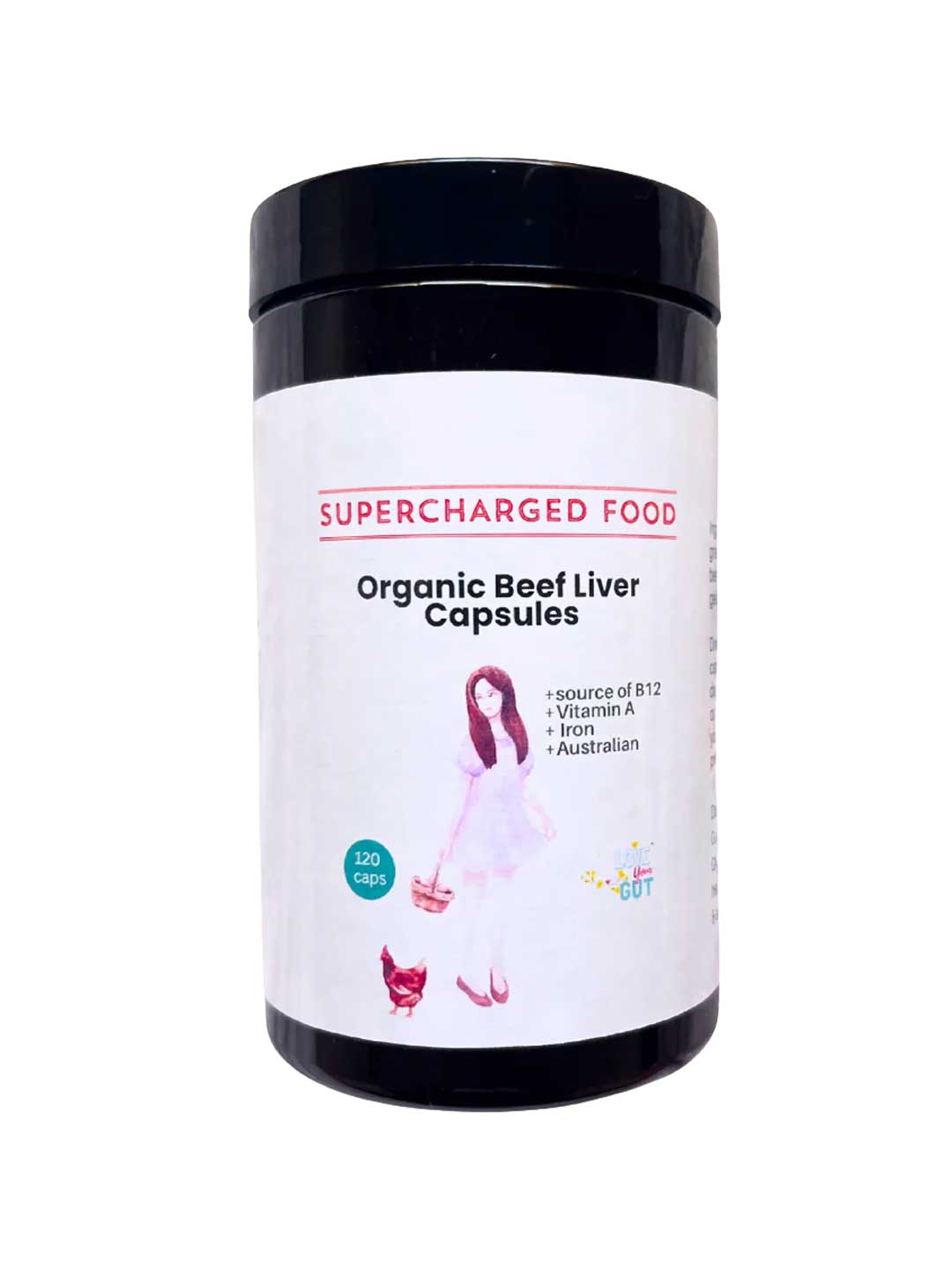 A black container of Supercharged Food Love Your Gut Organic Beef Liver Capsules (120 caps), featuring a label with a woman, a cat, and details like grass-fed, freeze-dried, B12, vitamin A, and made in Australia.