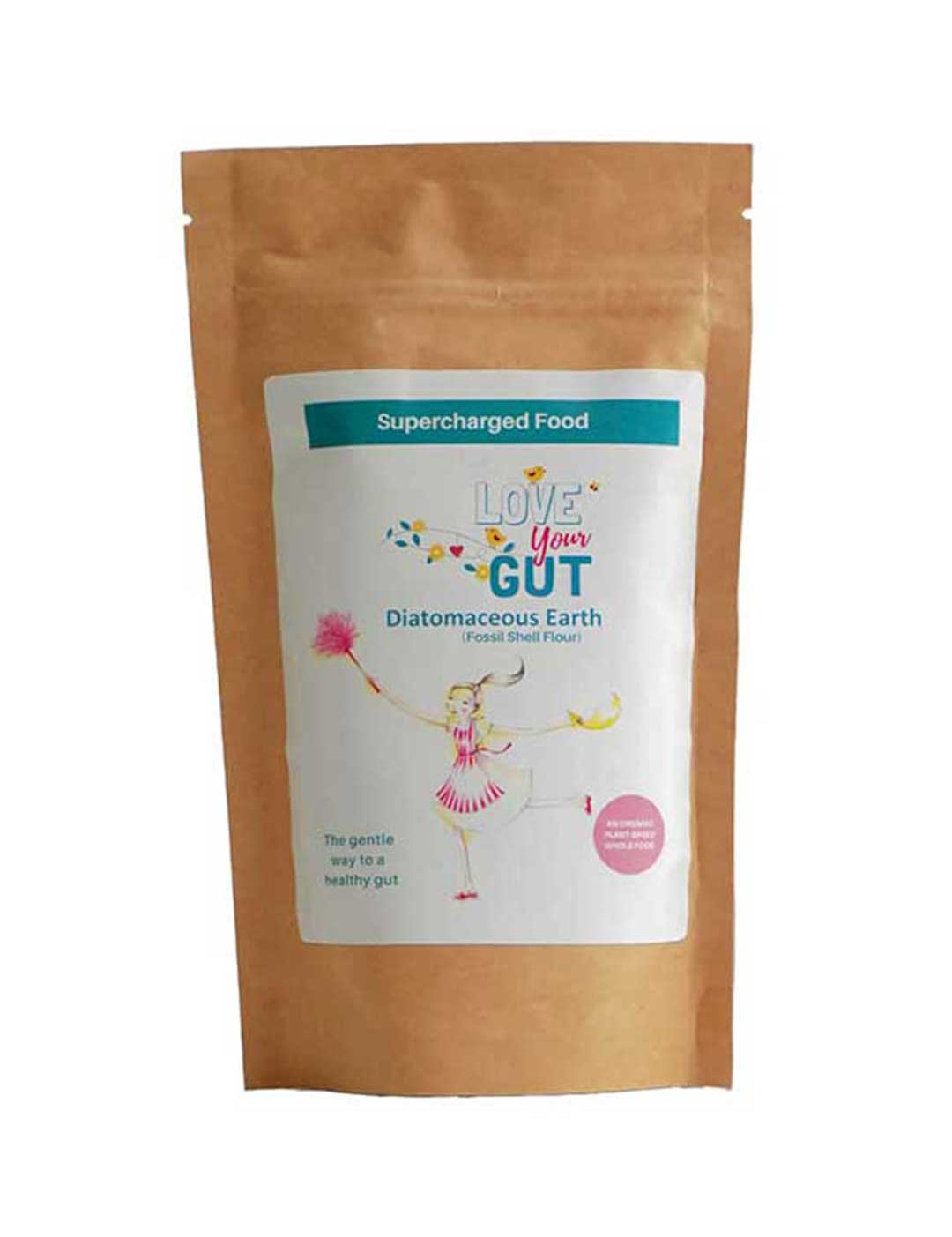 A brown resealable pouch labeled Supercharged Food Love Your Gut Powder features playful packaging, including a girl, and promotes digestive health with this supercharged gut powder for optimal wellness.
