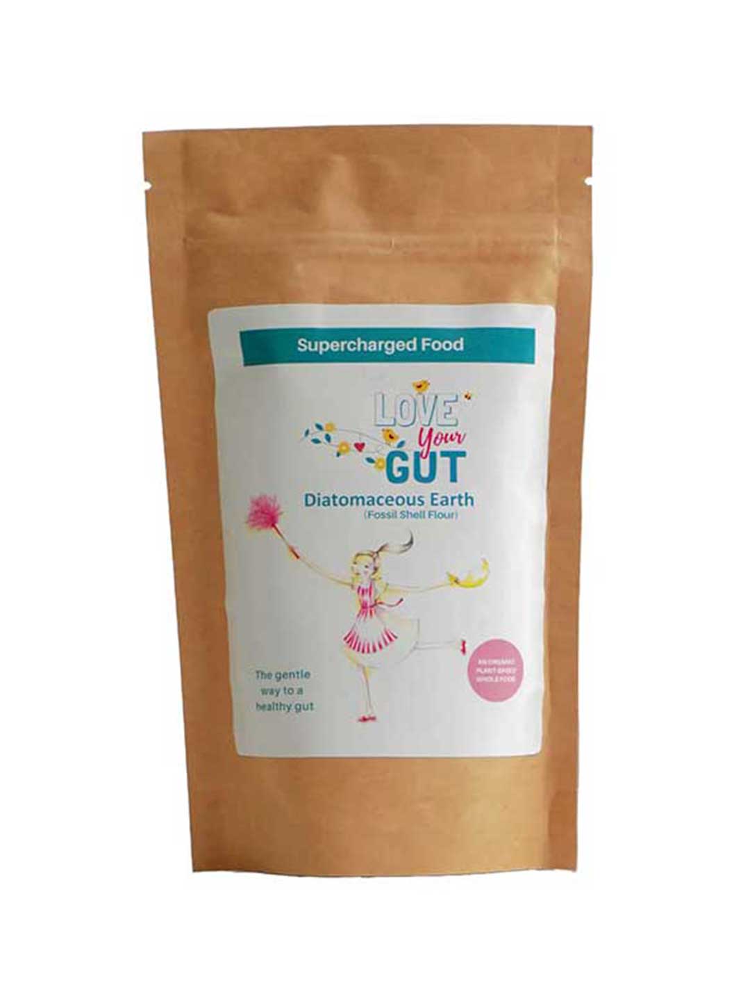 A brown resealable pouch labeled Supercharged Food Love Your Gut Powder features playful packaging, including a girl, and promotes digestive health with this supercharged gut powder for optimal wellness.