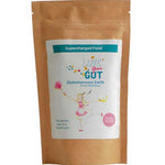 A brown resealable pouch labeled Supercharged Food Love Your Gut Powder features playful packaging, including a girl, and promotes digestive health with this supercharged gut powder for optimal wellness.