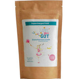 A brown resealable pouch labeled Supercharged Food Love Your Gut Powder features playful packaging, including a girl, and promotes digestive health with this supercharged gut powder for optimal wellness.