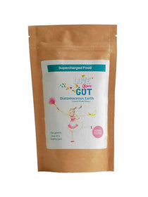 A brown resealable pouch labeled Supercharged Food Love Your Gut Powder features playful packaging, including a girl, and promotes digestive health with this supercharged gut powder for optimal wellness.