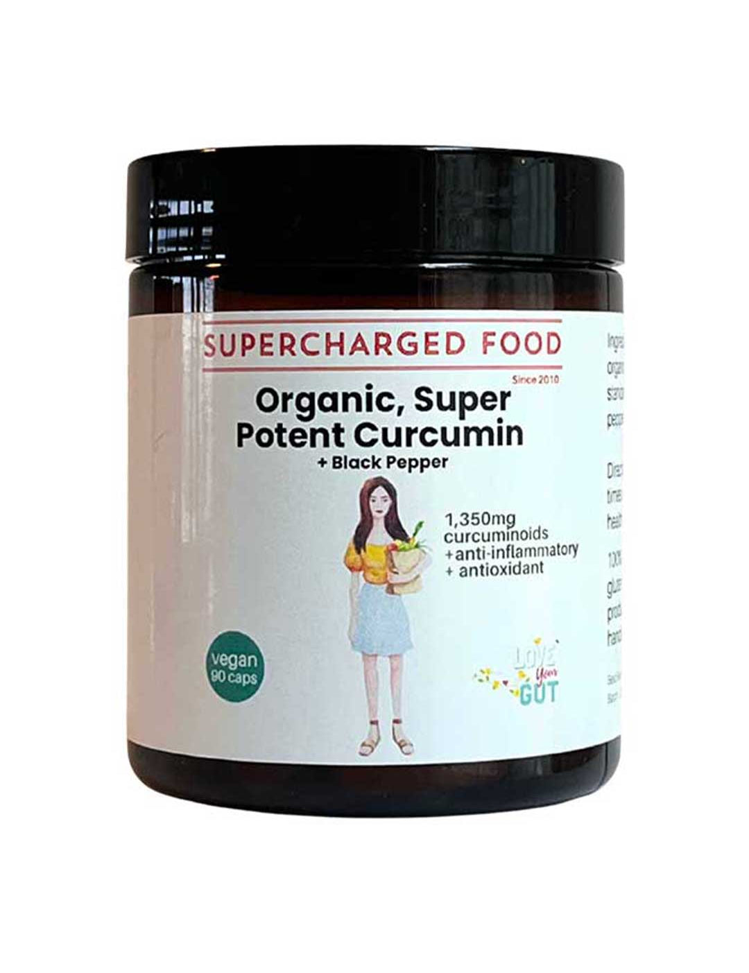 Supercharged Food Love Your Gut Super Potent Curcumin and Black Pepper 90 Caps delivers 1,350mg curcuminoids per serve; it's vegan, organic turmeric-based, and supports antioxidant and gut health. The packaging features a woman with a bowl.