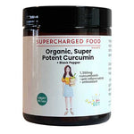 Supercharged Food Love Your Gut Super Potent Curcumin and Black Pepper 90 Caps delivers 1,350mg curcuminoids per serve; it's vegan, organic turmeric-based, and supports antioxidant and gut health. The packaging features a woman with a bowl.