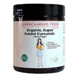 Supercharged Food Love Your Gut Super Potent Curcumin and Black Pepper 90 Caps delivers 1,350mg curcuminoids per serve; it's vegan, organic turmeric-based, and supports antioxidant and gut health. The packaging features a woman with a bowl.