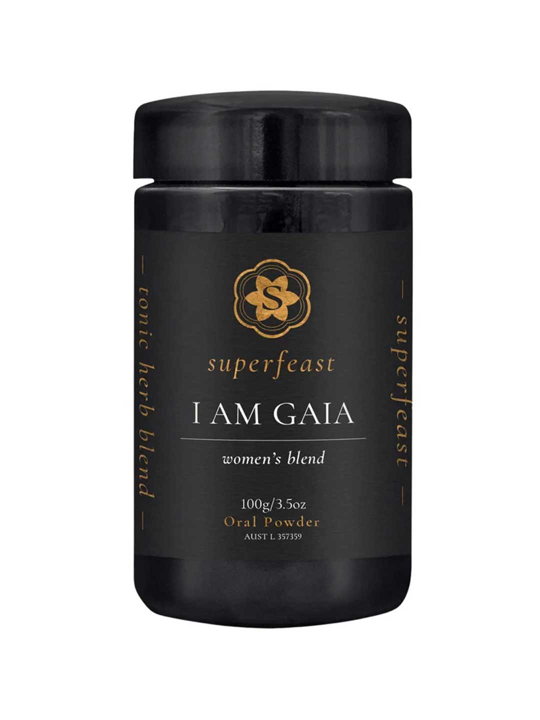A black jar labeled Superfeast I Am Gaia 100g, with gold text and logo on a dark background—crafted as a tonic herbal blend designed to support women’s health.