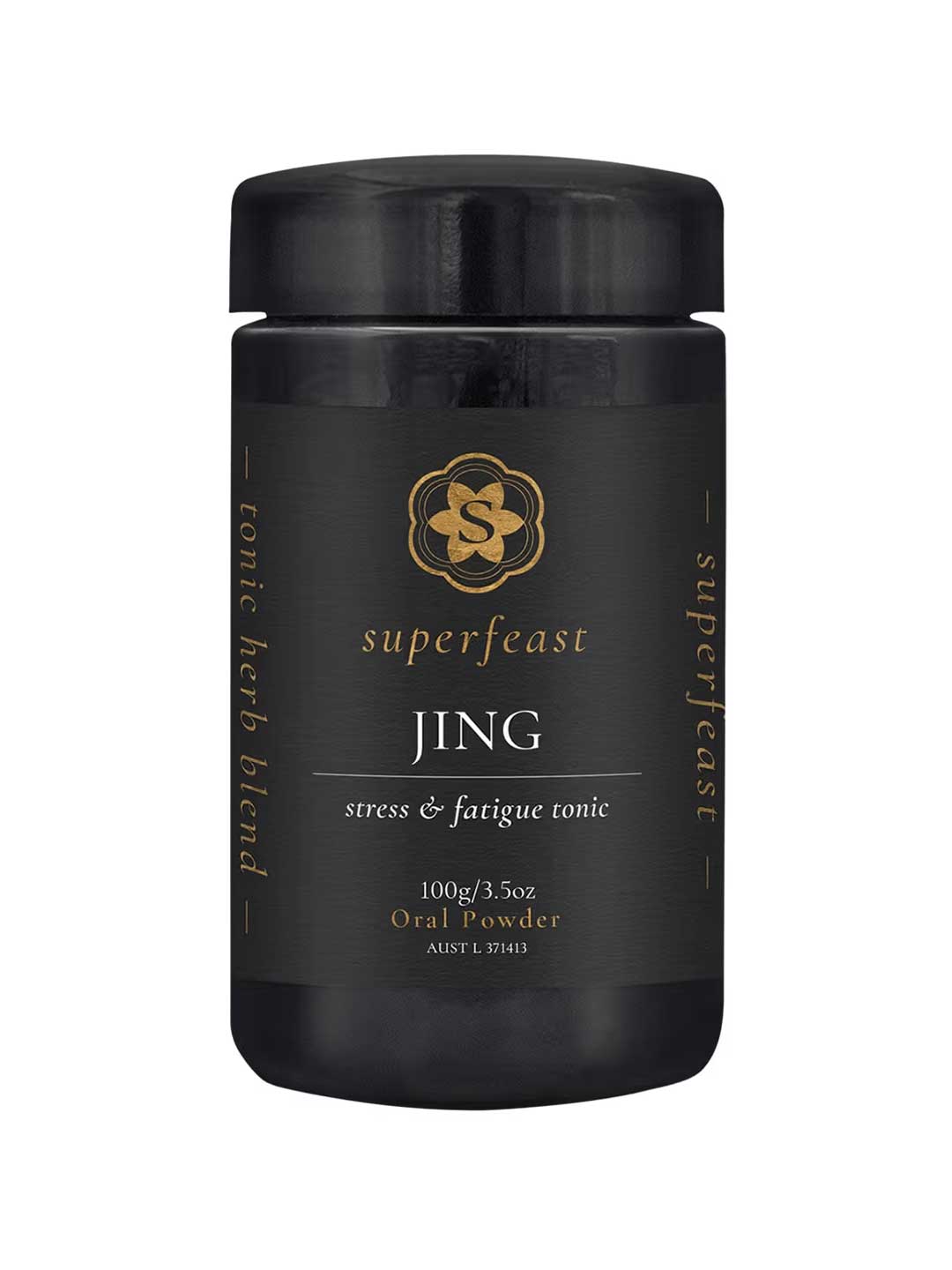 A black container of Superfeast Jing Powder 100g features gold and white text, a gold emblem, and is labeled as an energy tonic for adrenal support; it contains a tonic herb blend in oral powder form.