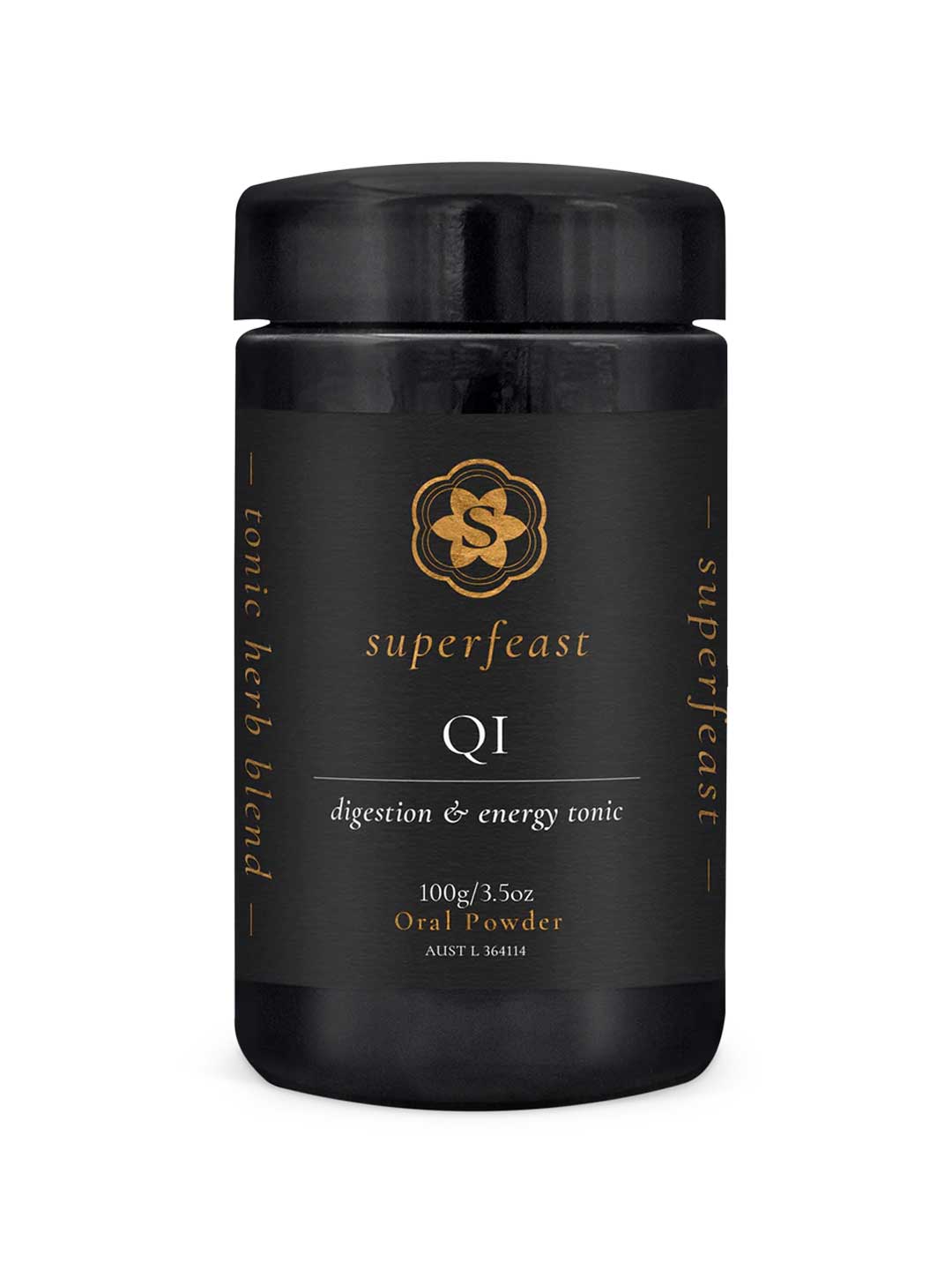 A black jar labeled Superfeast QI 100g digestion & energy tonic with gold accents contains 100g (3.5oz) of oral powder. The label features the Superfeast logo, herb blend details, and highlights it as a Qi tonic blend for vitality.