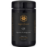 A black jar labeled Superfeast QI 100g digestion & energy tonic with gold accents contains 100g (3.5oz) of oral powder. The label features the Superfeast logo, herb blend details, and highlights it as a Qi tonic blend for vitality.