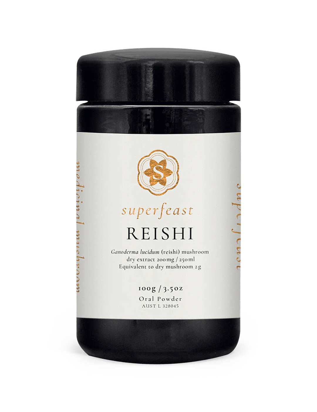 A black jar of Superfeast Reishi 100g Powder with a screw-top lid, labeled as Ganoderma lucidum (reishi) extract and dry mushroom equivalence, known for immune system support. Contains 100g of oral Reishi mushroom powder.